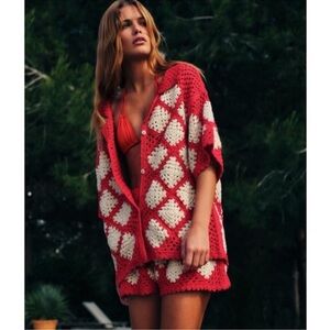 NWT Zara Red & Cream Crochet Swim Cover-Up Set, size XS/S
